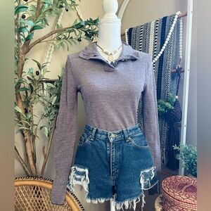 Free People We the Free Purple Waffle Knit Mockneck Button Henley Top